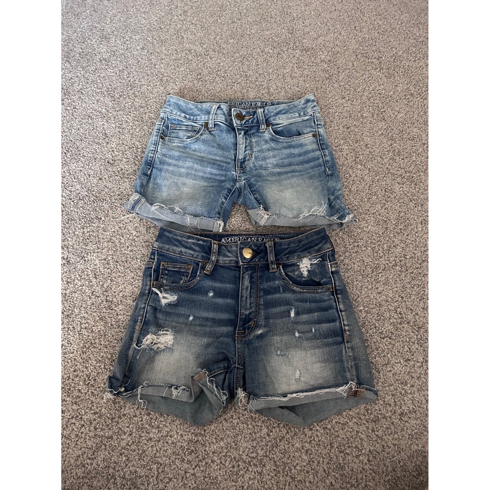 American Eagle Denim Shorts Bundle Hi-Rise Shortie Midi Distressed Blue Size 0